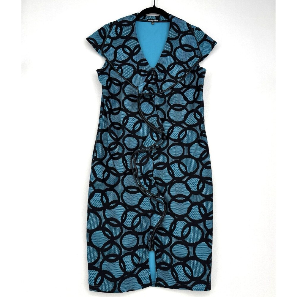 Samuel Dong Dress M Turquoise Black Ruffle Zip Mesh Lace Cocktail Midi Evening